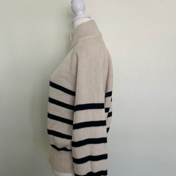 Elie Tahari Sweater Cream Navy Striped 1/4 Zip Pullover Coastal Preppy Size M - Picture 3 of 8